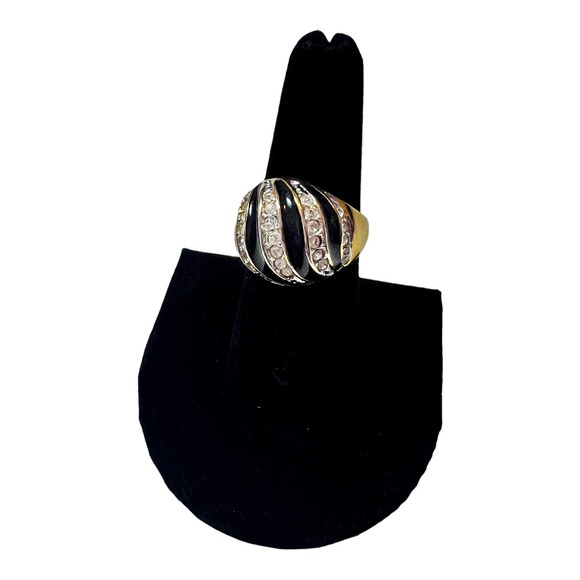 Vintage Black Enamel Clear‎ Rhinestone Striped Dome Gold Bubble Ring sz 7 - Picture 3 of 5